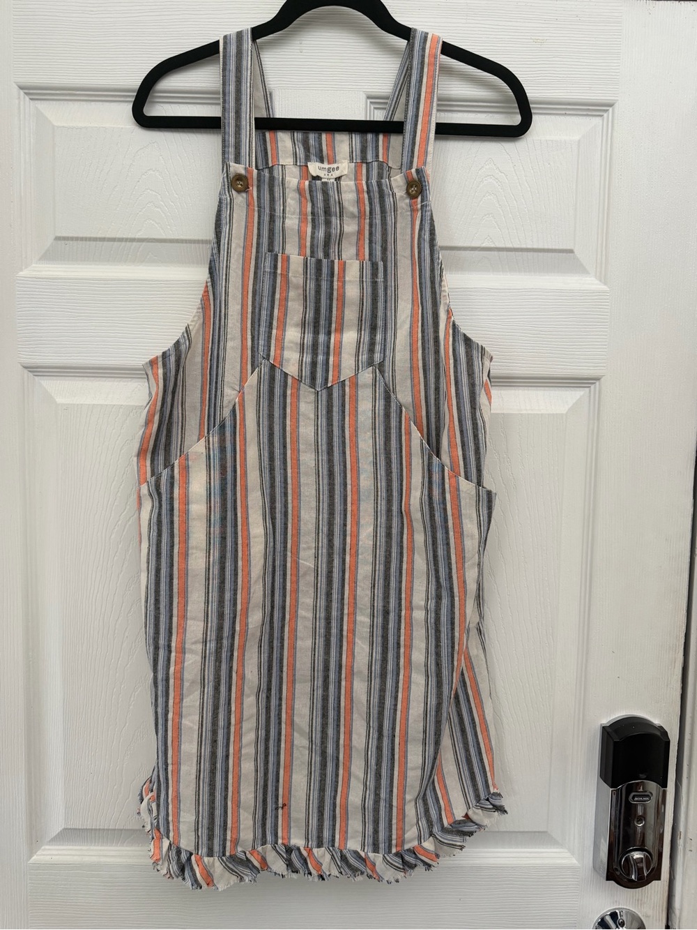 Striped Linen-Blend Overalls Dress in Coral, Gray, Blue & Cream